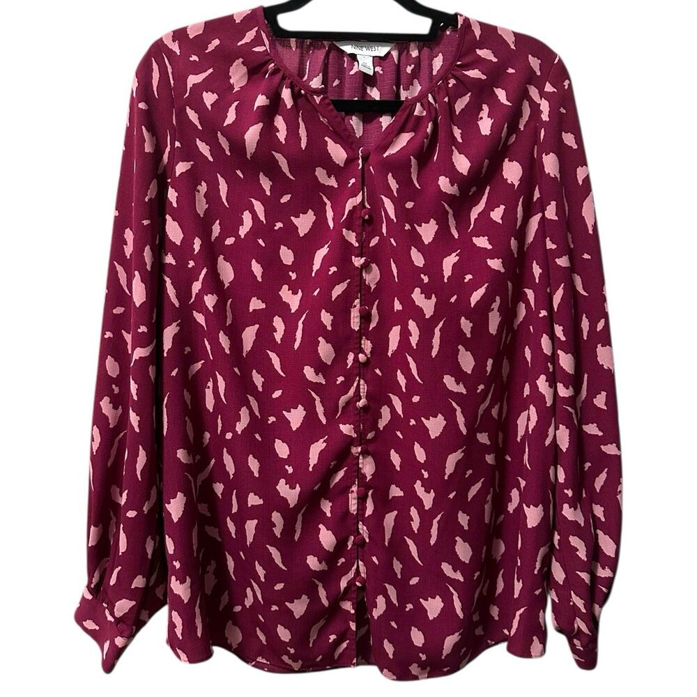 Nine‎ West Berry Speckle Long Sleeve Button Front Blouse Maroon Pink M Office